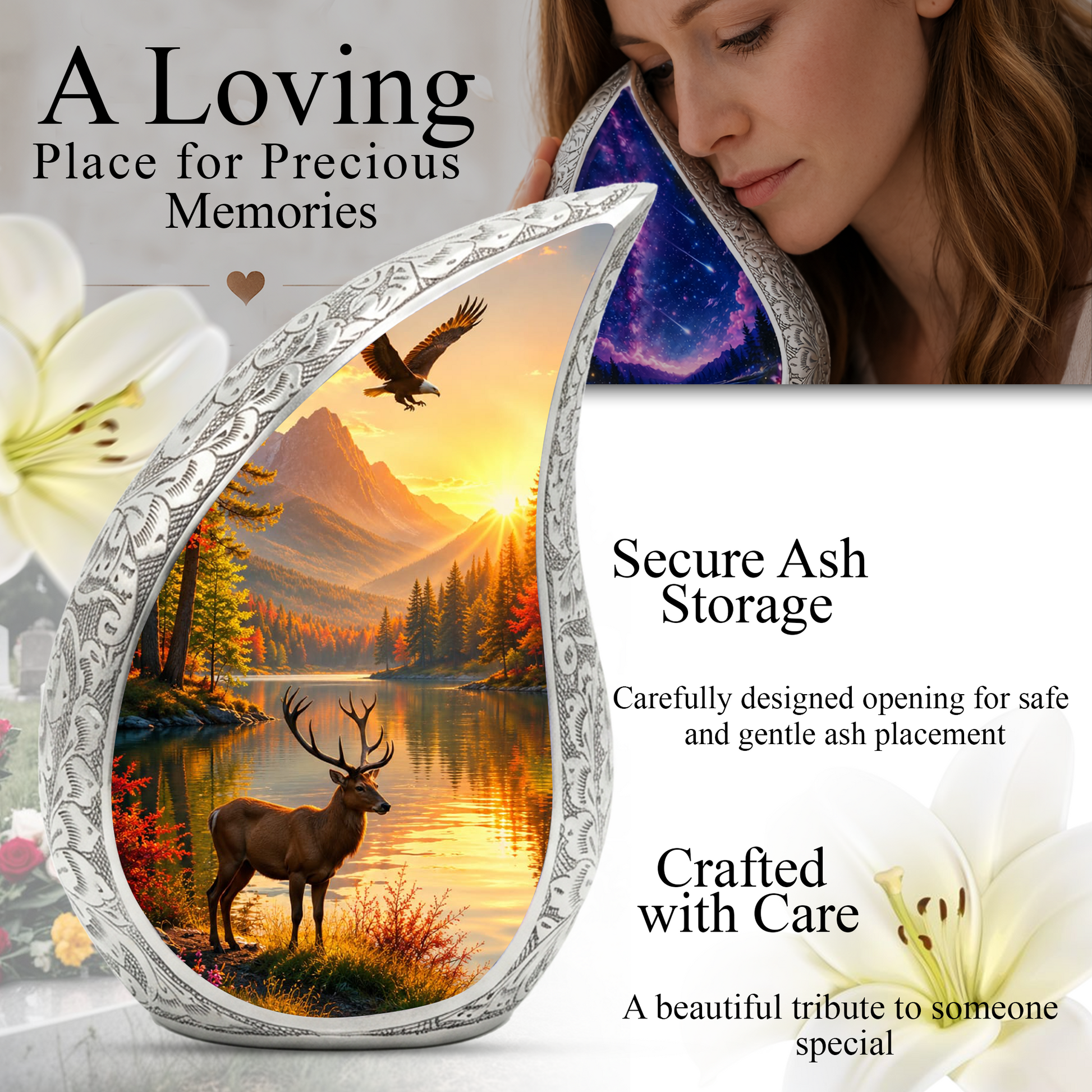 Deer Memorial Adult Urn for Ashes, Mountain Lake Cremation Urn