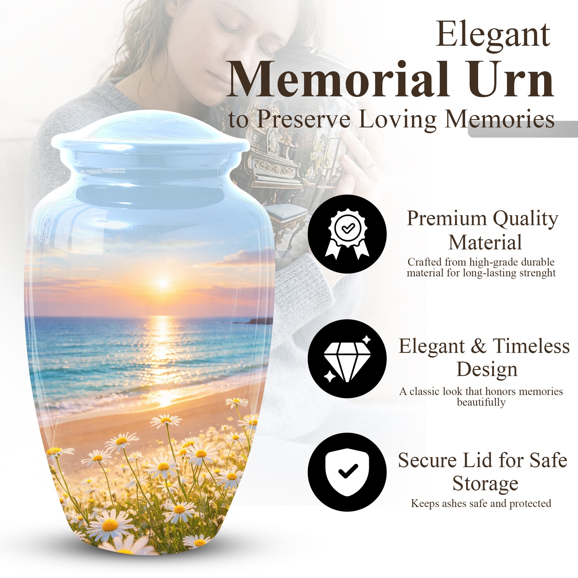 Beach Urn for Mom – Sunset Ocean Cremation Urn for Ashes | Beautiful Memorial Large Urn for Women