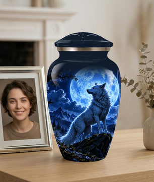Personalized Adult Cremation Urn for Ashes, Custom Blue Wolf Moon Memorial Urn, Wildlife Cremation Urn