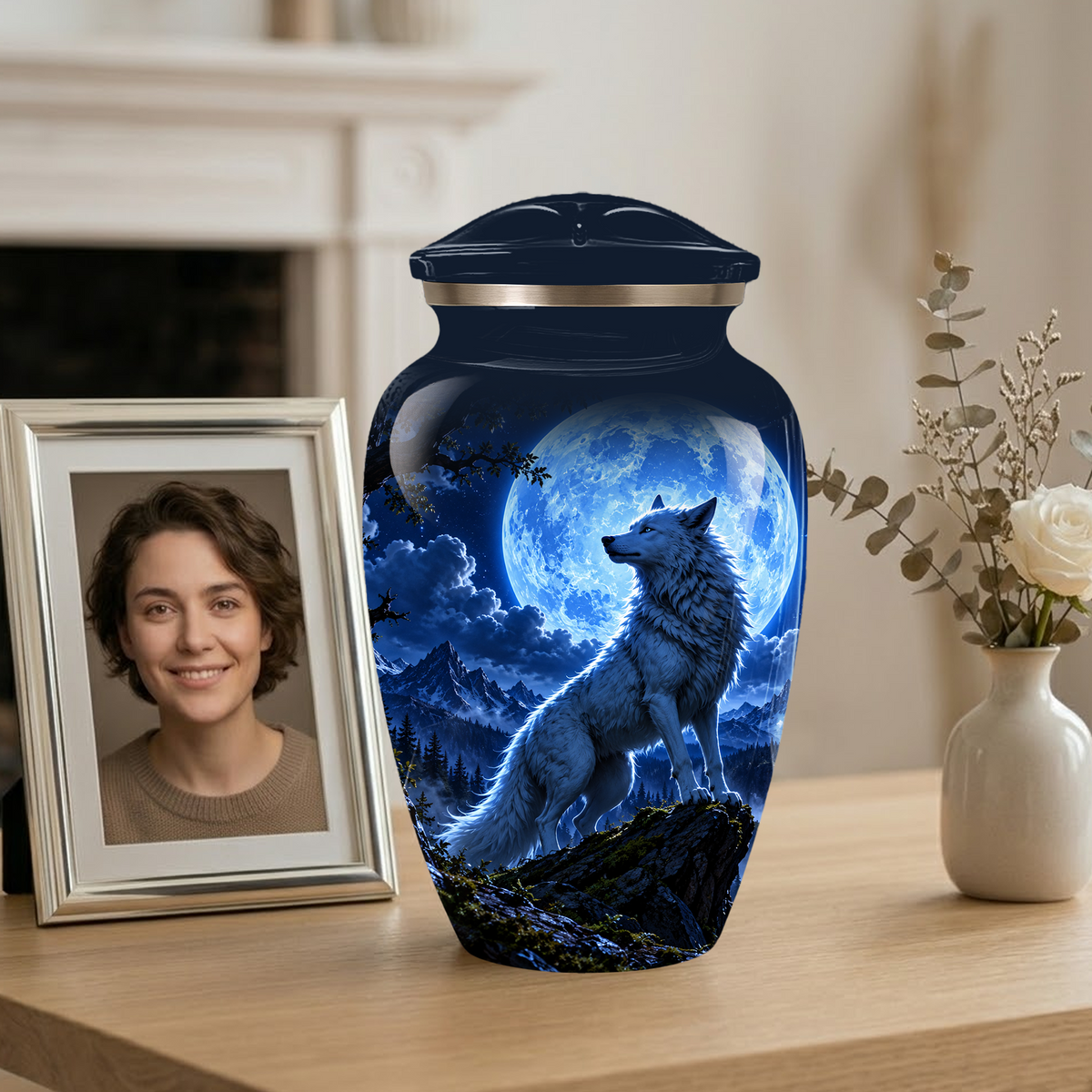Personalized Adult Cremation Urn for Ashes, Custom Blue Wolf Moon Memorial Urn, Wildlife Cremation Urn