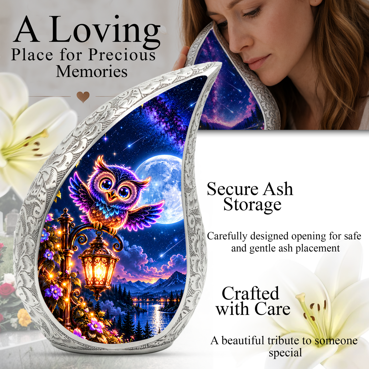 Owl Urn for Ashes, Colorful Owl Cremation Urn with Moon
