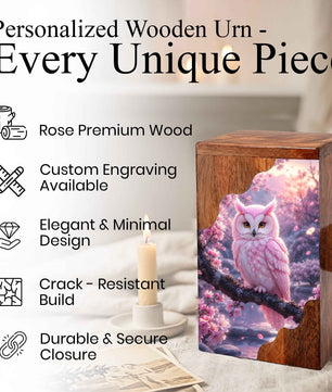 Pink Owl Wooden Cremation Urn – Cherry Blossom Memorial Urn