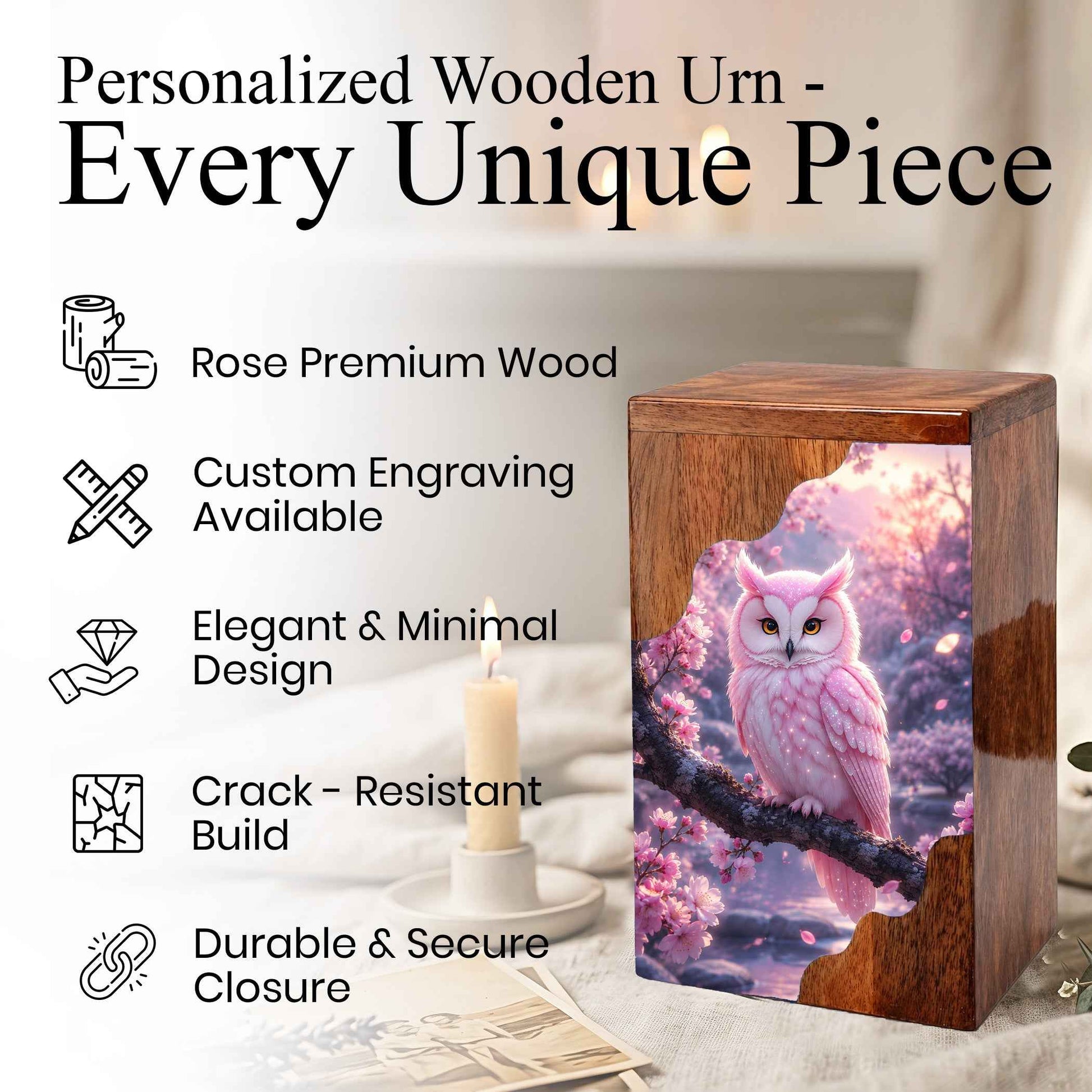 Pink Owl Wooden Cremation Urn – Cherry Blossom Memorial Urn