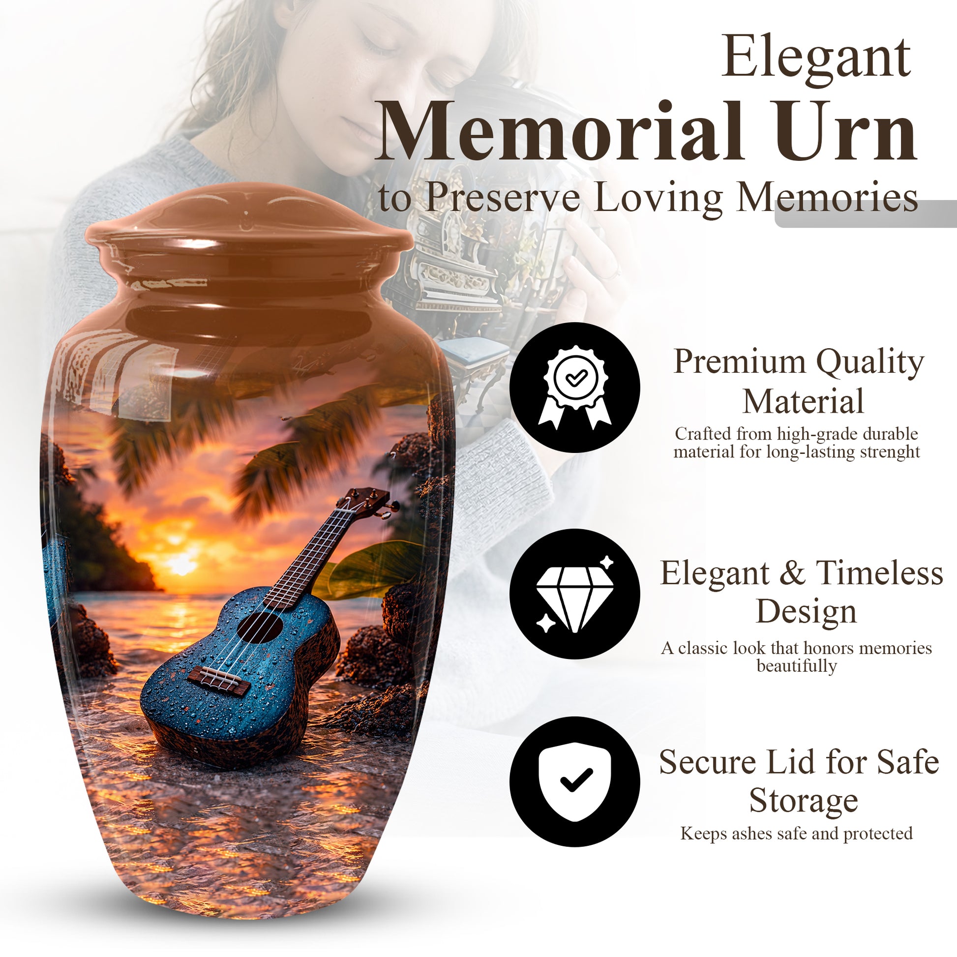 Sunset Guitar Memorial Urn for Dad & Mom, Personalized Cremation Urn