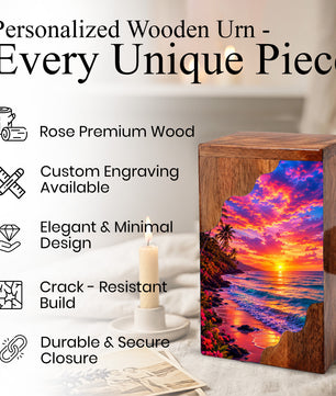 Sunset Beach Wooden Cremation Urn – Ocean Sunset Memorial Urn for Human Ashes