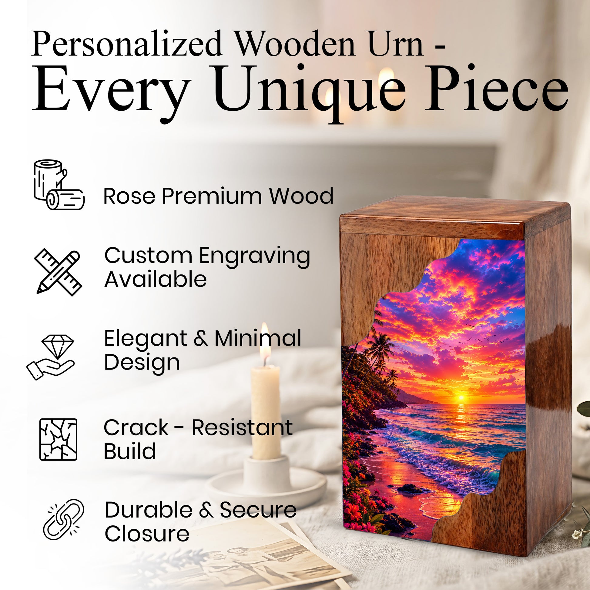 Sunset Beach Wooden Cremation Urn – Ocean Sunset Memorial Urn for Human Ashes