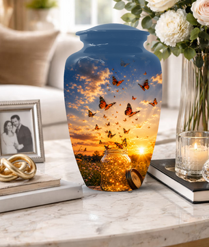 Orange Butterfly Memorial Urn For Mom - Sunset Memorial Keepsake Urn For Ashes