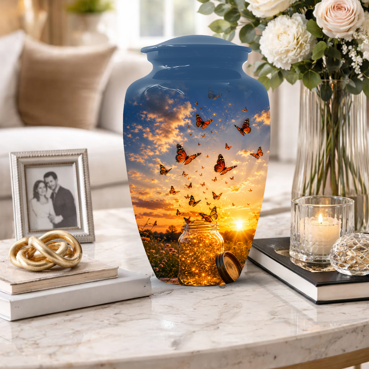 Orange Butterfly Memorial Urn For Mom - Sunset Memorial Keepsake Urn For Ashes
