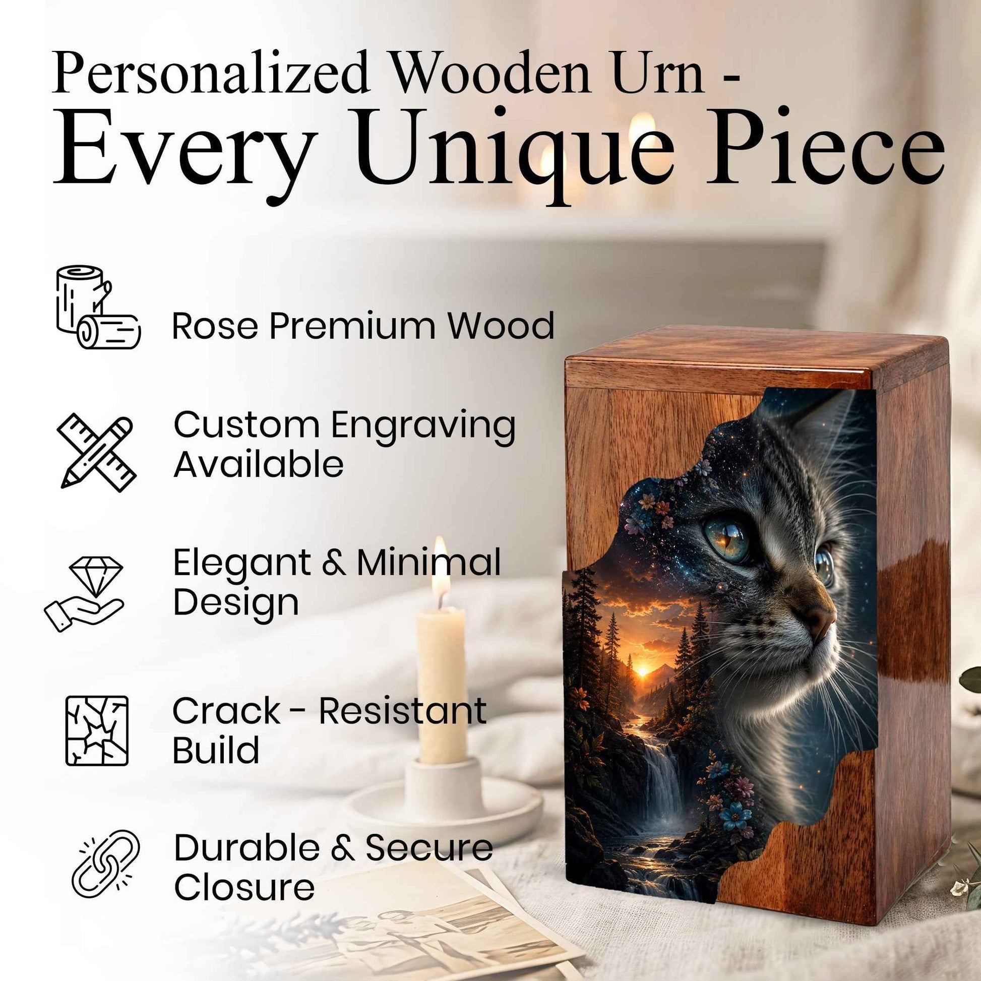 Personalized Cat Urn, Custom Pet Urn for Cat, Wooden Cremation Urn