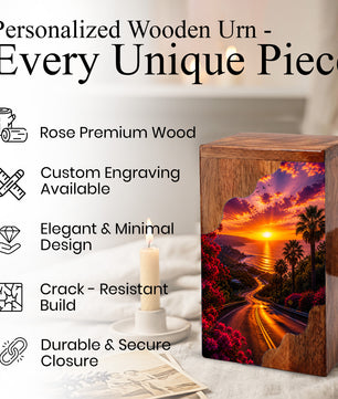 Wooden Cremation Urn for Mom | Sunset Ocean Memorial Urn for Human Ashes
