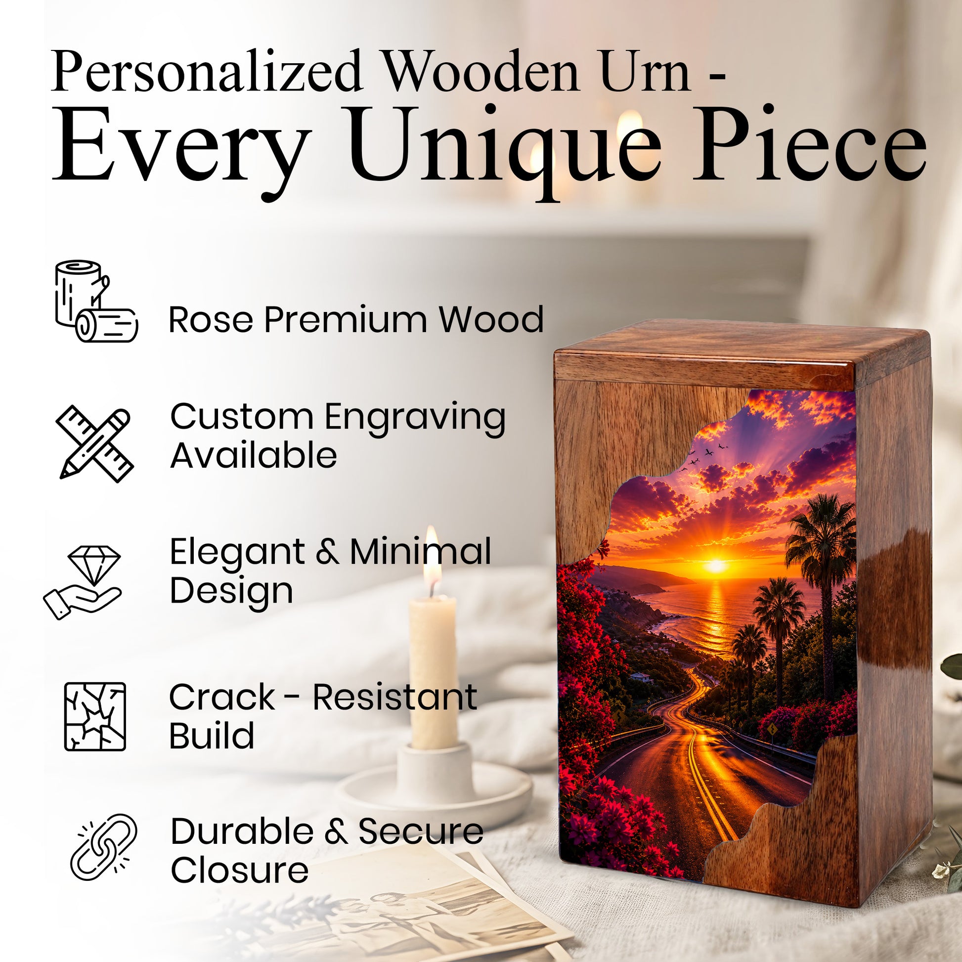 Wooden Cremation Urn for Mom | Sunset Ocean Memorial Urn for Human Ashes