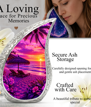 Beach Urns for Human Ashes – Purple Tropical Sunset Beach Themed Cremation Urn with Palm Trees