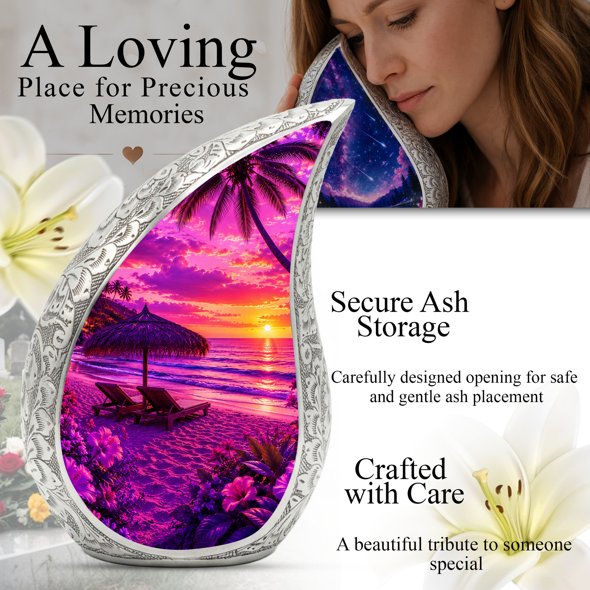 Beach Urns for Human Ashes – Purple Tropical Sunset Beach Themed Cremation Urn with Palm Trees
