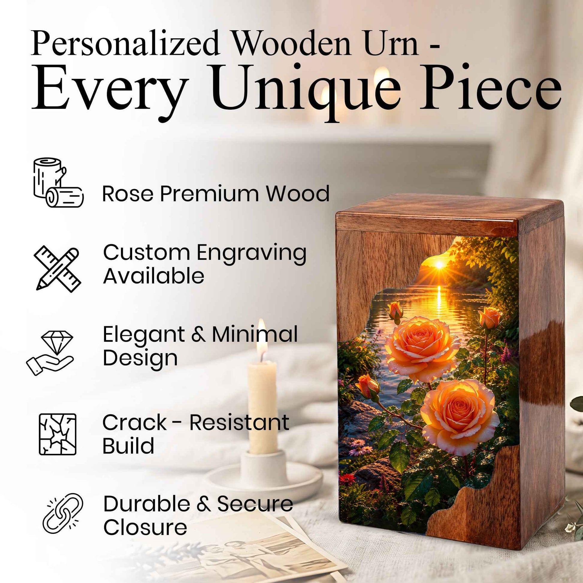 Rose Wooden Cremation Urn for Mom | Personalized Wooden Urn for Human Ashes