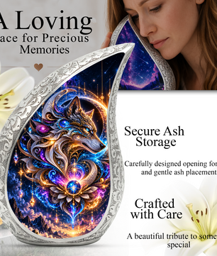 Celestial Wolf Cremation Urn for Ashes, Fantasy Animal Adult Memorial Urn
