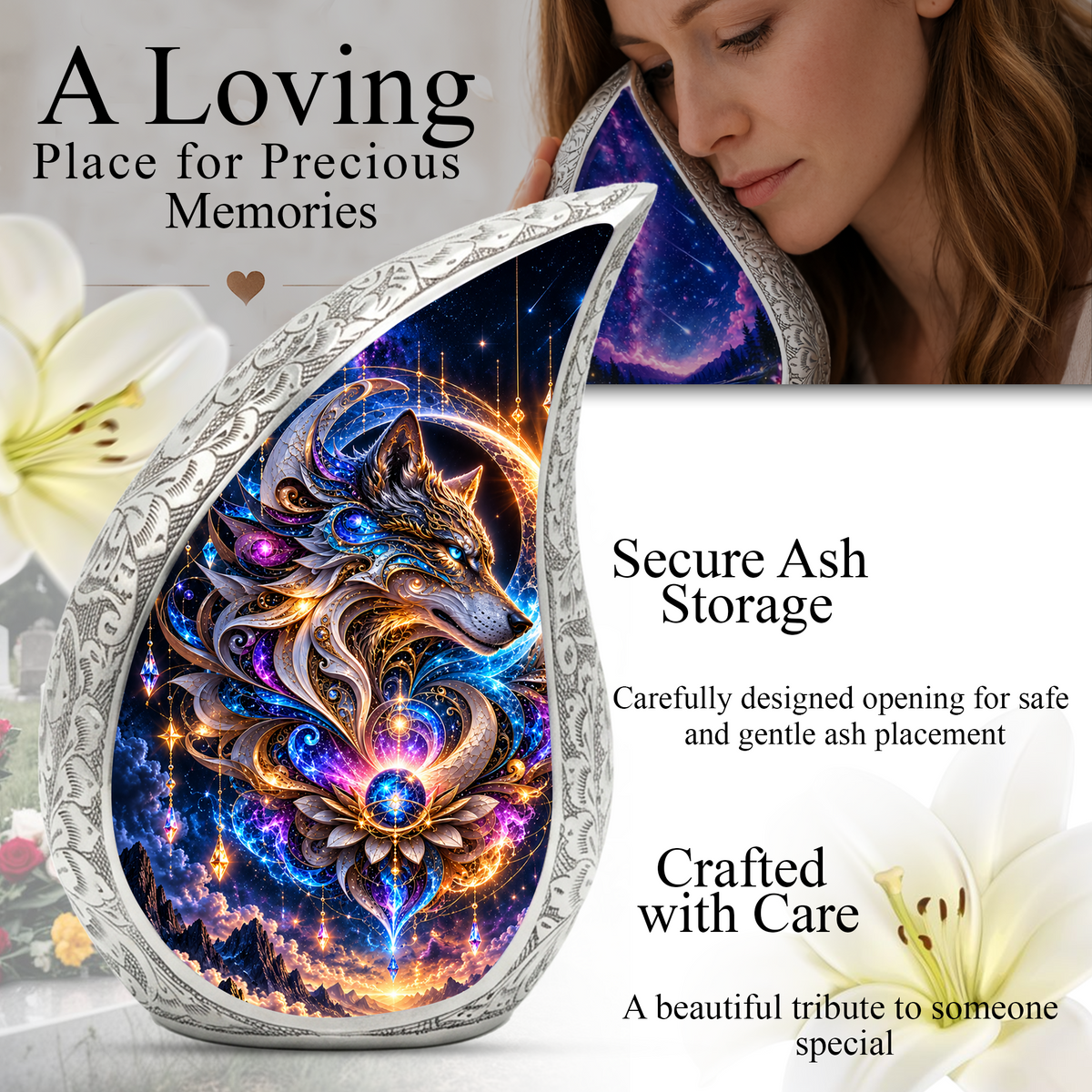 Celestial Wolf Cremation Urn for Ashes, Fantasy Animal Adult Memorial Urn