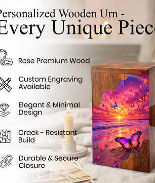 Butterfly Sunset Wooden Cremation Urn – Butterfly Memorial Urn for Human Ashes