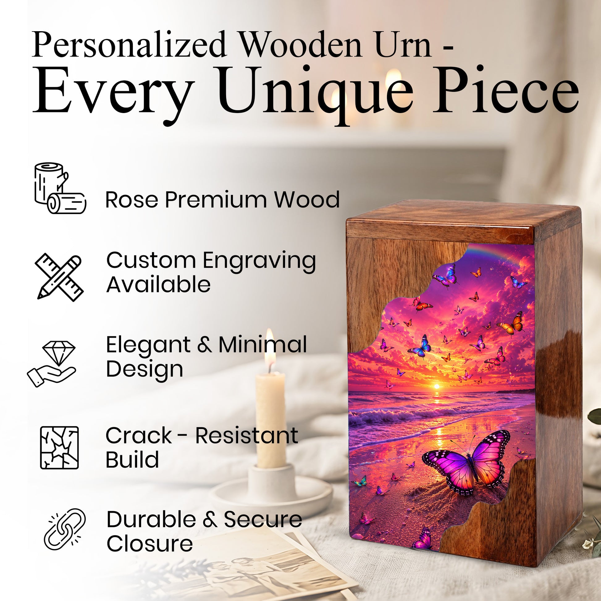 Butterfly Sunset Wooden Cremation Urn – Butterfly Memorial Urn for Human Ashes