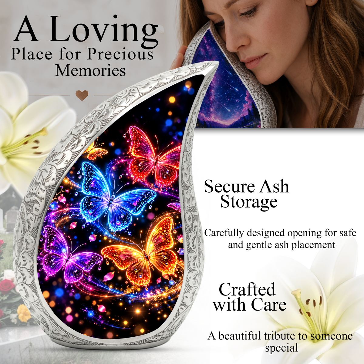 Personalized Butterfly Urn for Human Ashes, Adult Cremation Urn with Colorful Butterflies