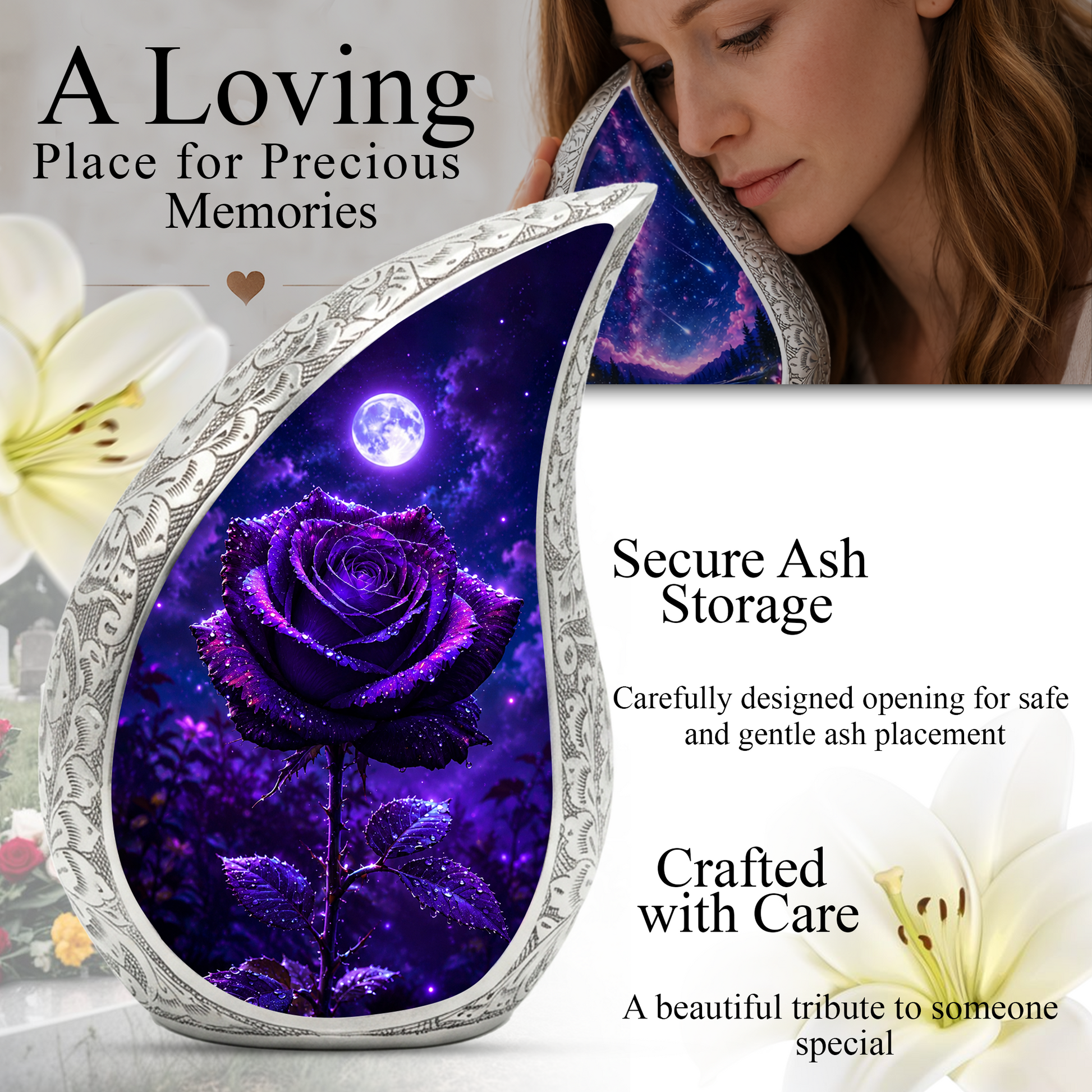 Purple Rose Urn for Human Ashes – Beautiful Memorial Urn for Mom