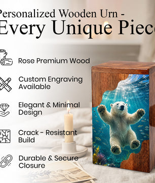 Polar Bear Wooden Cremation Urn – Ocean Memorial Urn for Human Ashes
