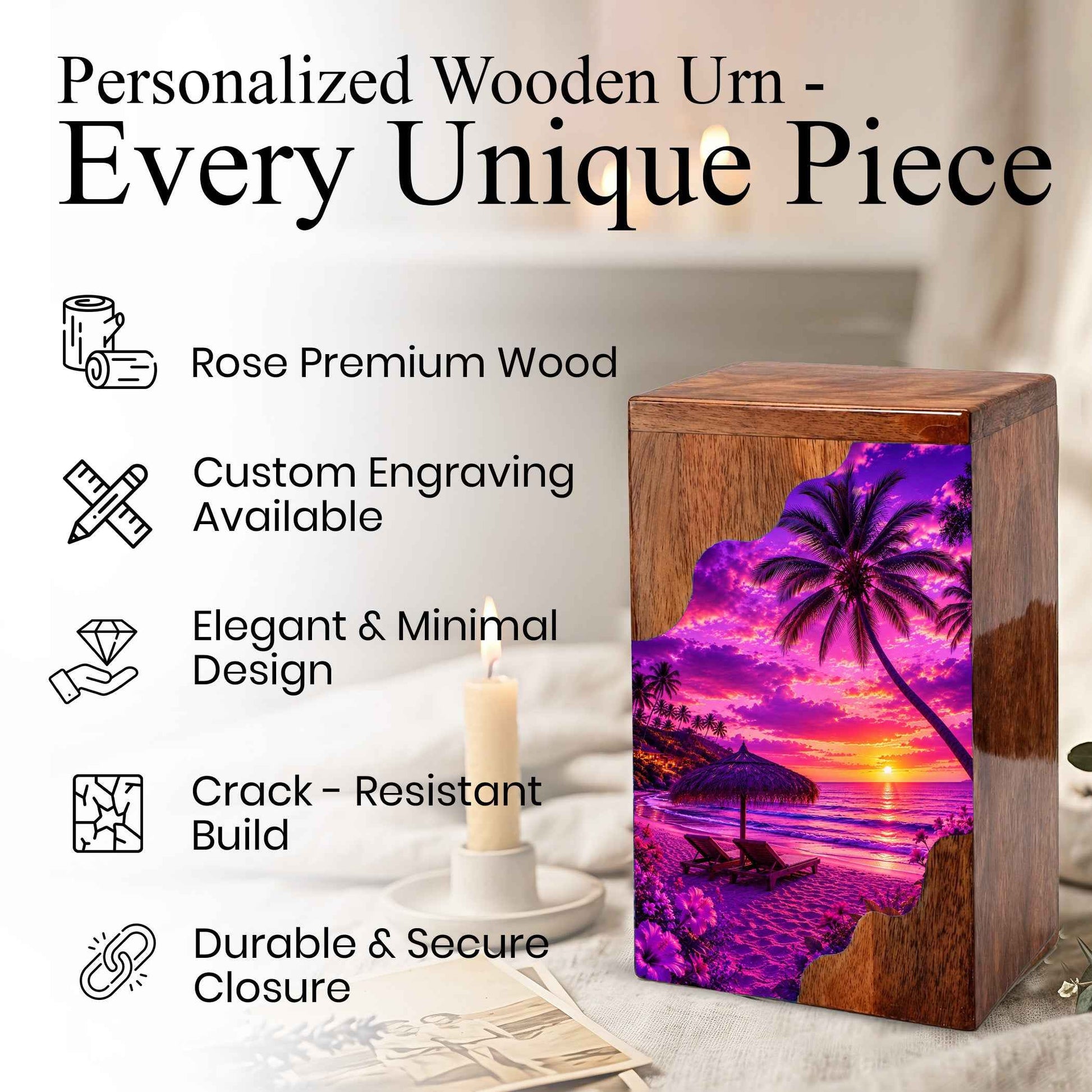 Sunset Beach Wooden Cremation Urn – Wooden Urn for Human Ashes