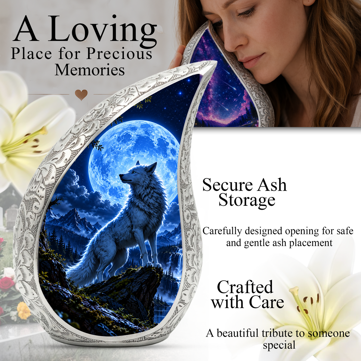 Wolf Cremation Urn for Ashes | Blue Moon Wolf Adult keepsake urn