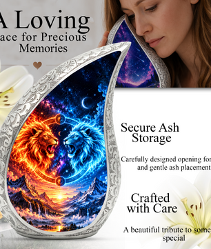Twin Lions Cremation Urn for Ashes, Personalized Adult Memorial Urn, Wildlife Design