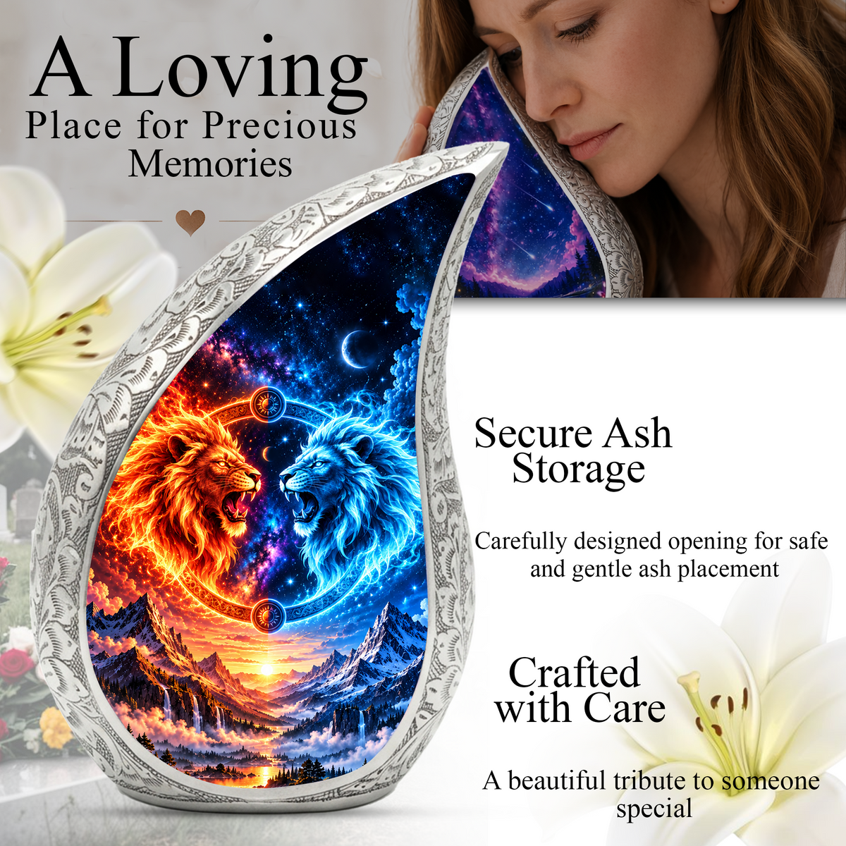 Twin Lions Cremation Urn for Ashes, Personalized Adult Memorial Urn, Wildlife Design