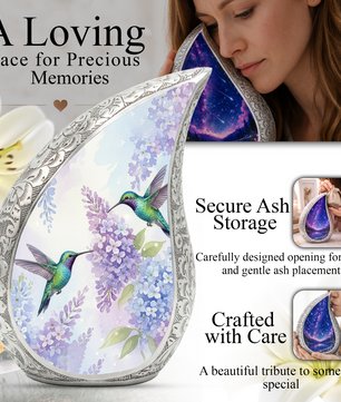 Personalized Hummingbird Cremation Urn – Custom Floral Memorial Urn for Ashes, Lavender Flower Teardrop Aluminum Adult Urn, 10 Inch
