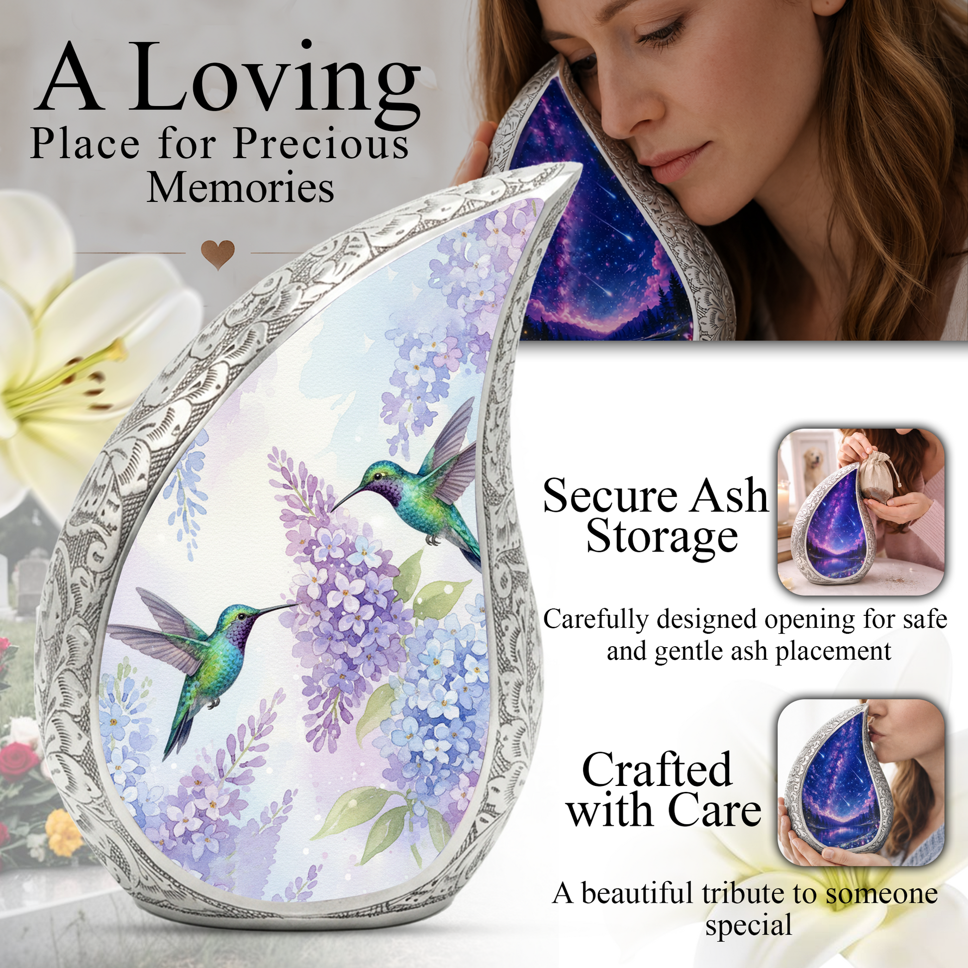Personalized Hummingbird Cremation Urn – Custom Floral Memorial Urn for Ashes, Lavender Flower Teardrop Aluminum Adult Urn, 10 Inch