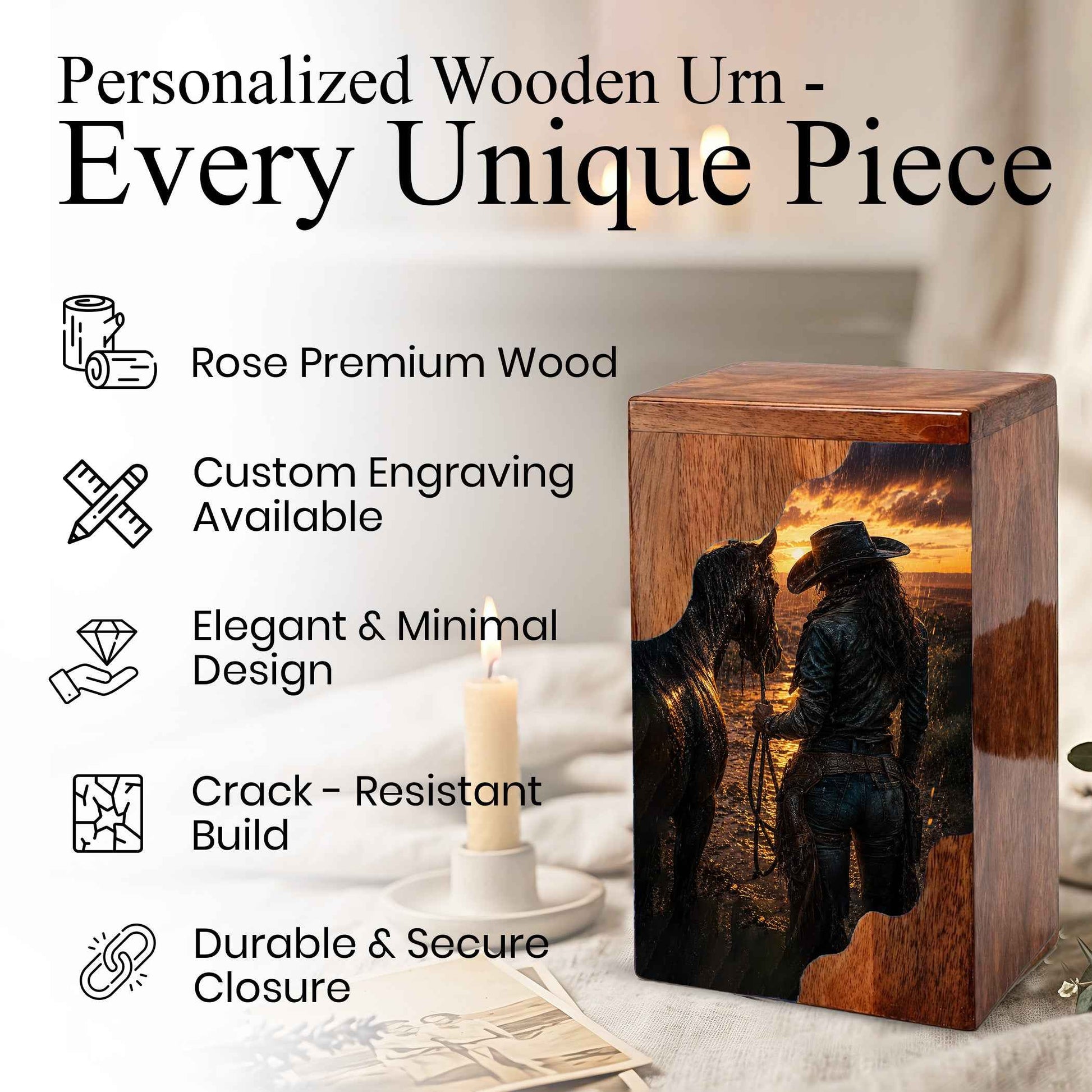 Western Horse Wooden Cremation Urn for Mom – Custom Memorial Urn for Human Ashes