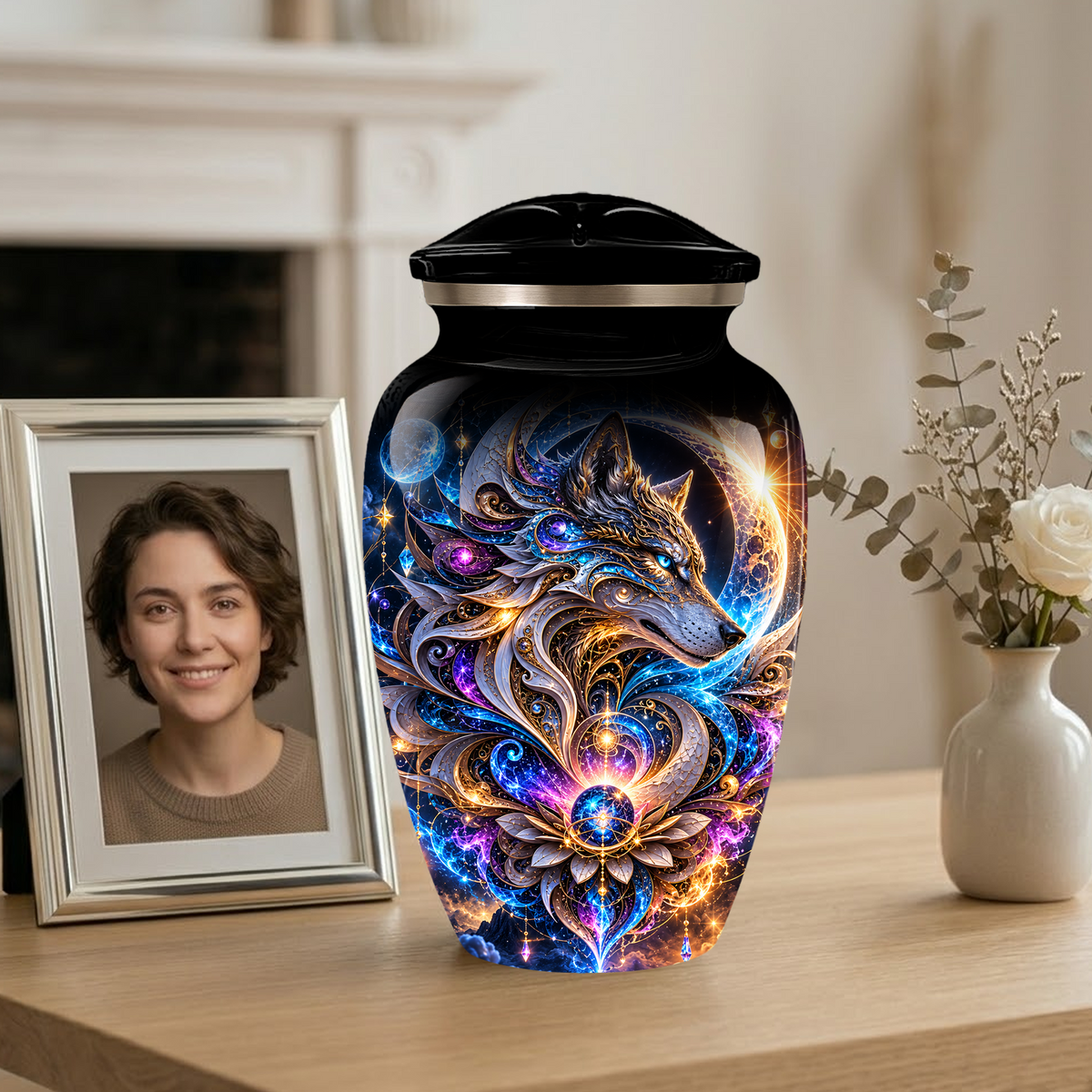Personalized Adult Cremation Urn for Ashes, Celestial Wolf Memorial Urn, Fantasy Wolf Aluminum Cremation Urn