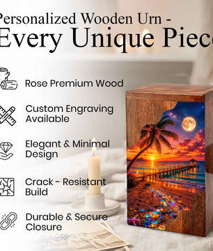 Beach Sunset Wooden Cremation Urn – Tropical Ocean Memorial Urn with Moonlit Shore