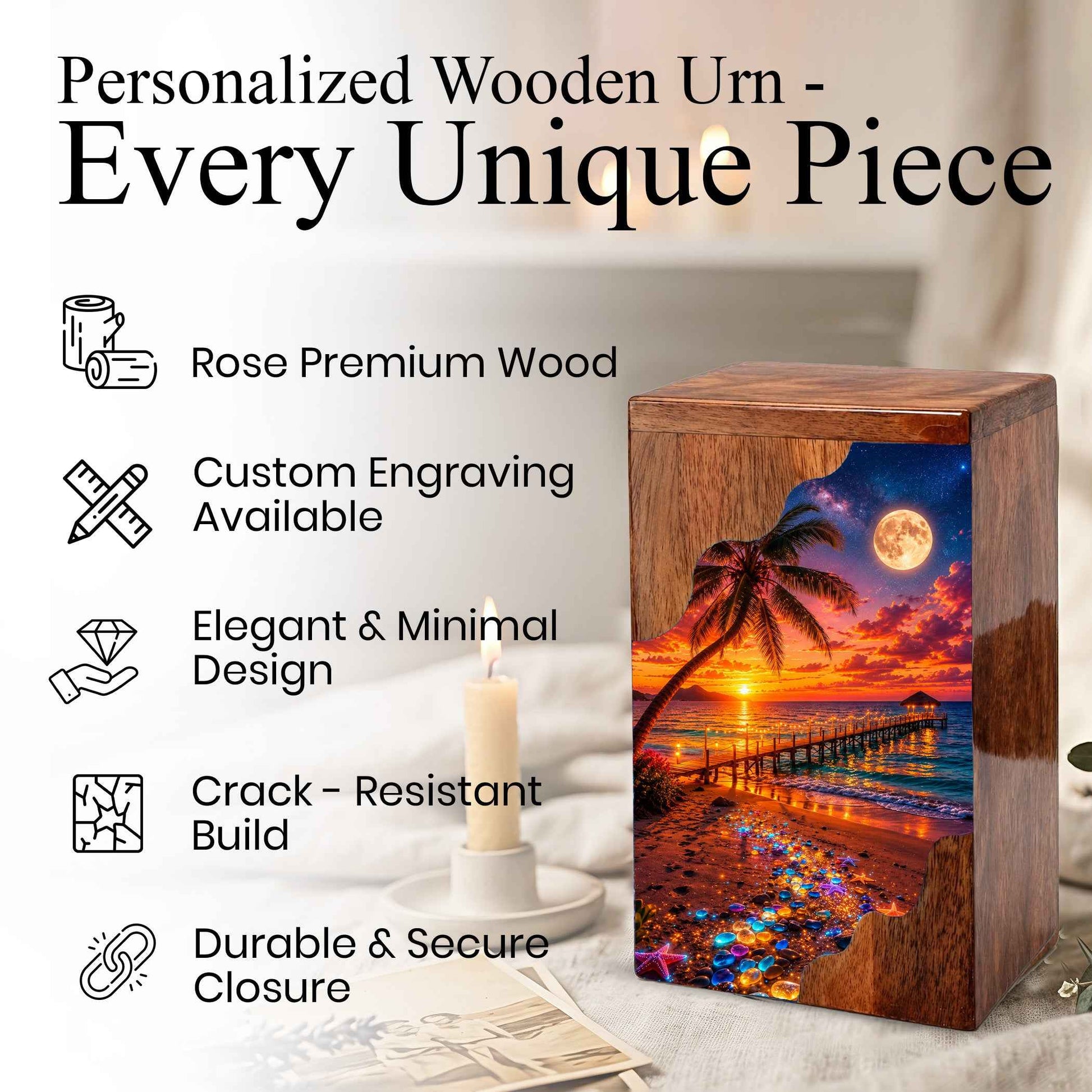 Beach Sunset Wooden Cremation Urn – Tropical Ocean Memorial Urn with Moonlit Shore