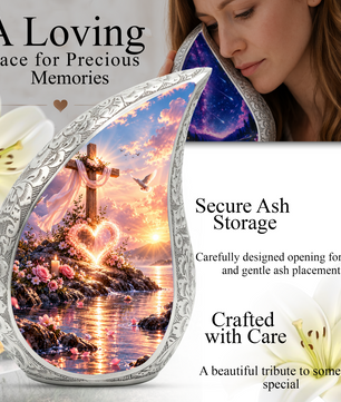 Christian Cross Cremation Urn for Adult Ashes, Sunset Memorial Urn with Dove and Glowing Heart, Religious Urn for Mom or Dad