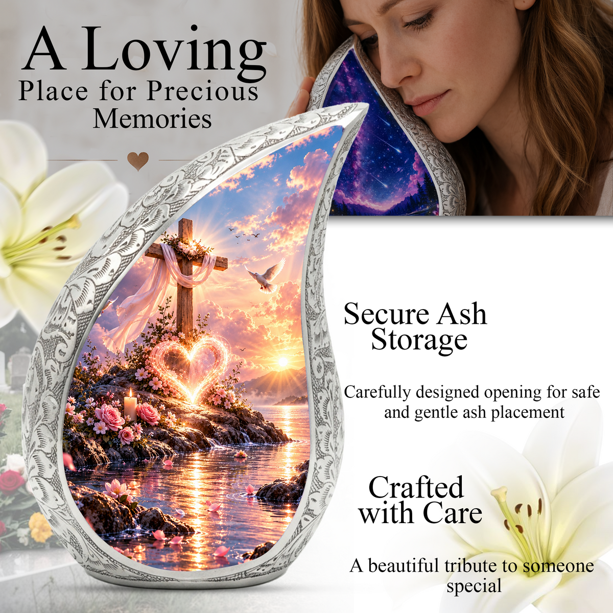 Christian Cross Cremation Urn for Adult Ashes, Sunset Memorial Urn with Dove and Glowing Heart, Religious Urn for Mom or Dad