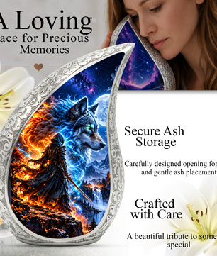 Wolf Warrior Urn for Human Ashes, Adult Cremation Urn with Blue and Fiery Wolf Artwork