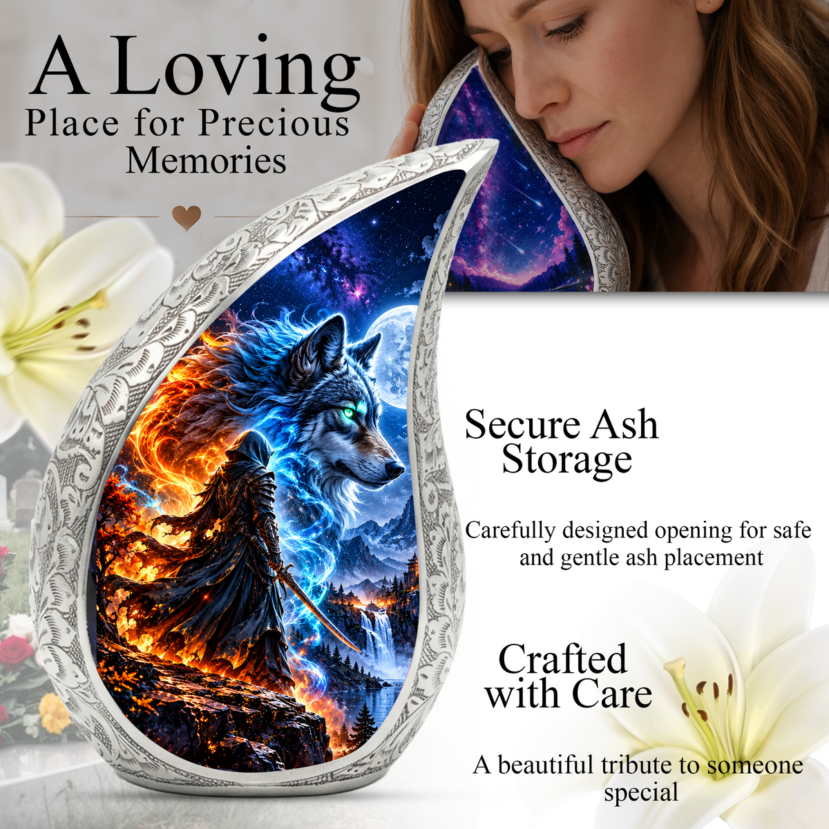 Wolf Warrior Urn for Human Ashes, Adult Cremation Urn with Blue and Fiery Wolf Artwork