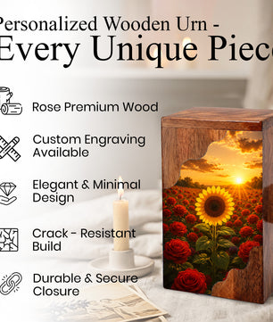 Sunflower Wooden Cremation Urn for Mom | Rose Memorial Urn for Human Ashes