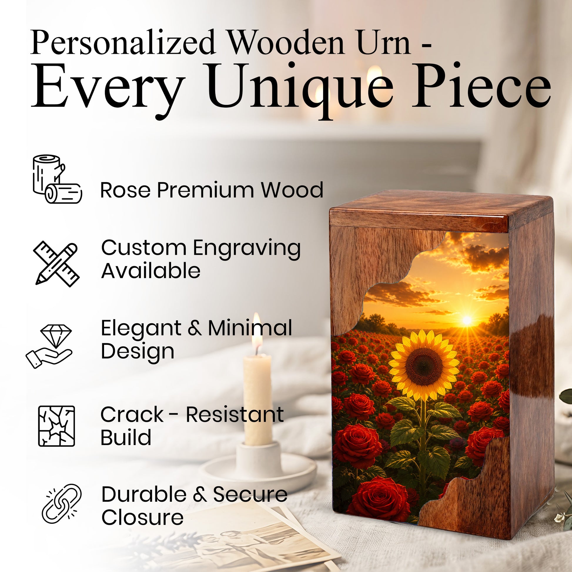 Sunflower Wooden Cremation Urn for Mom | Rose Memorial Urn for Human Ashes