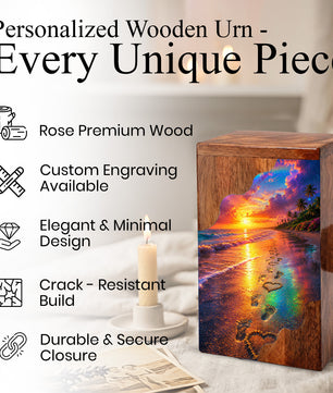 Beach Wooden Cremation Urn for Human Ashes | Ocean Sunset Memorial Urn