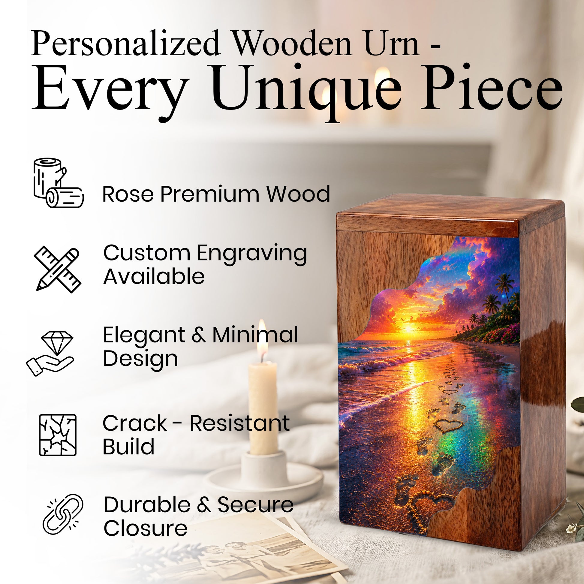 Beach Wooden Cremation Urn for Human Ashes | Ocean Sunset Memorial Urn