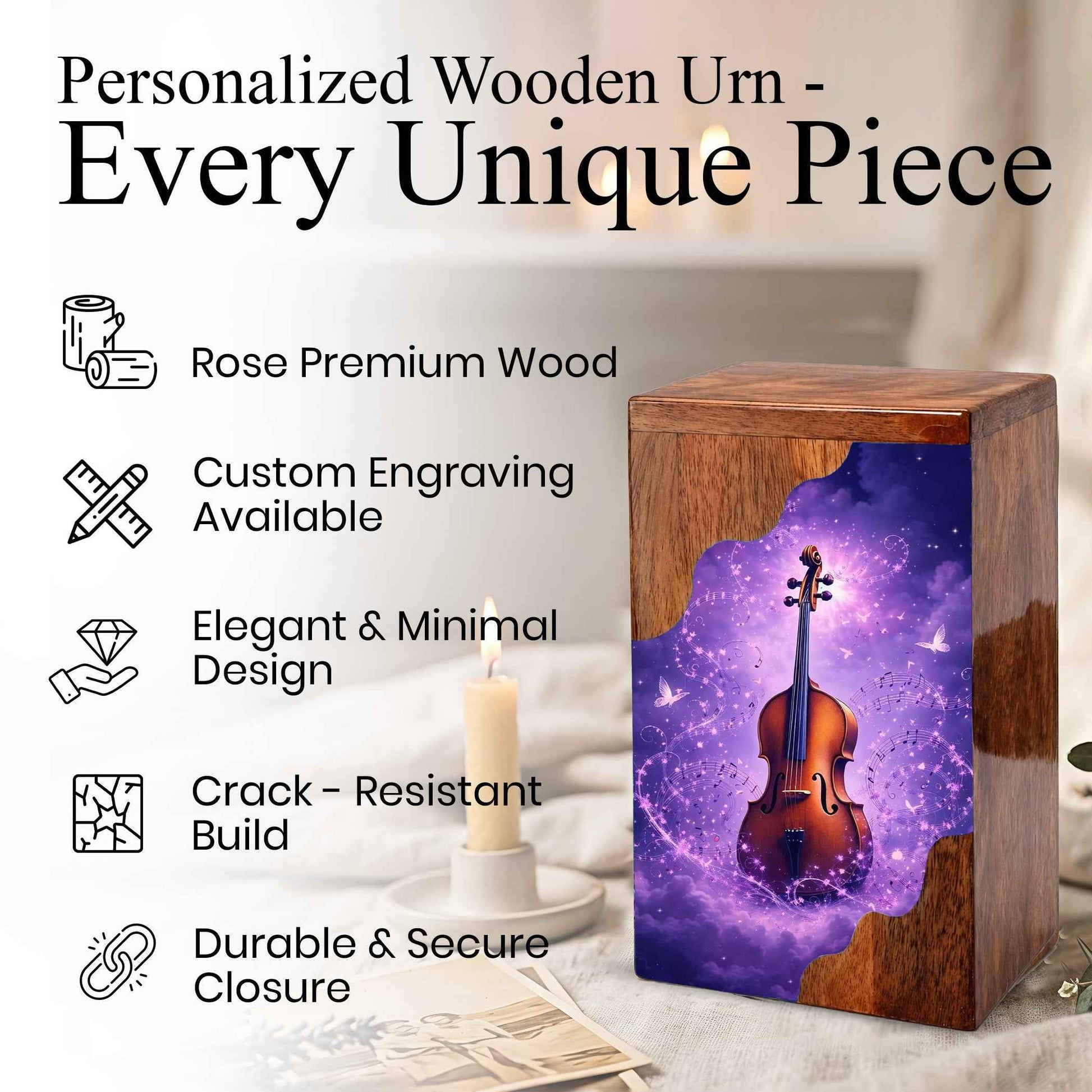 Violin Wooden Cremation Urn – Custom Music Memorial Urn | Wooden Urn for Human Ashes
