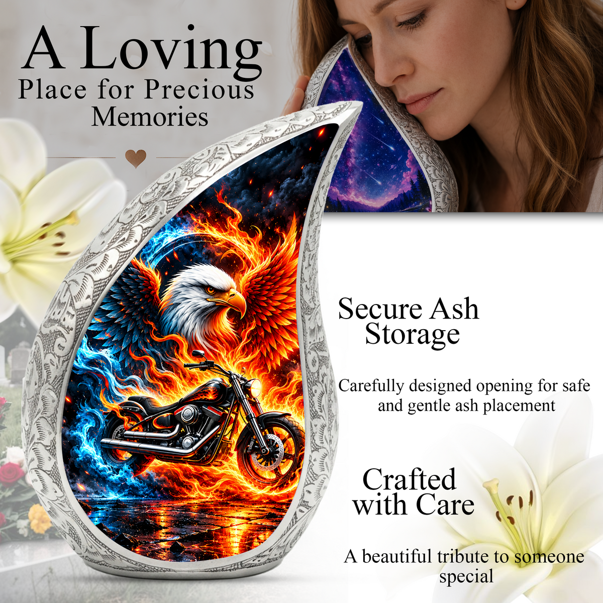 Motorcycle Cremation Urn for Ashes, Eagle Fire Memorial Urn