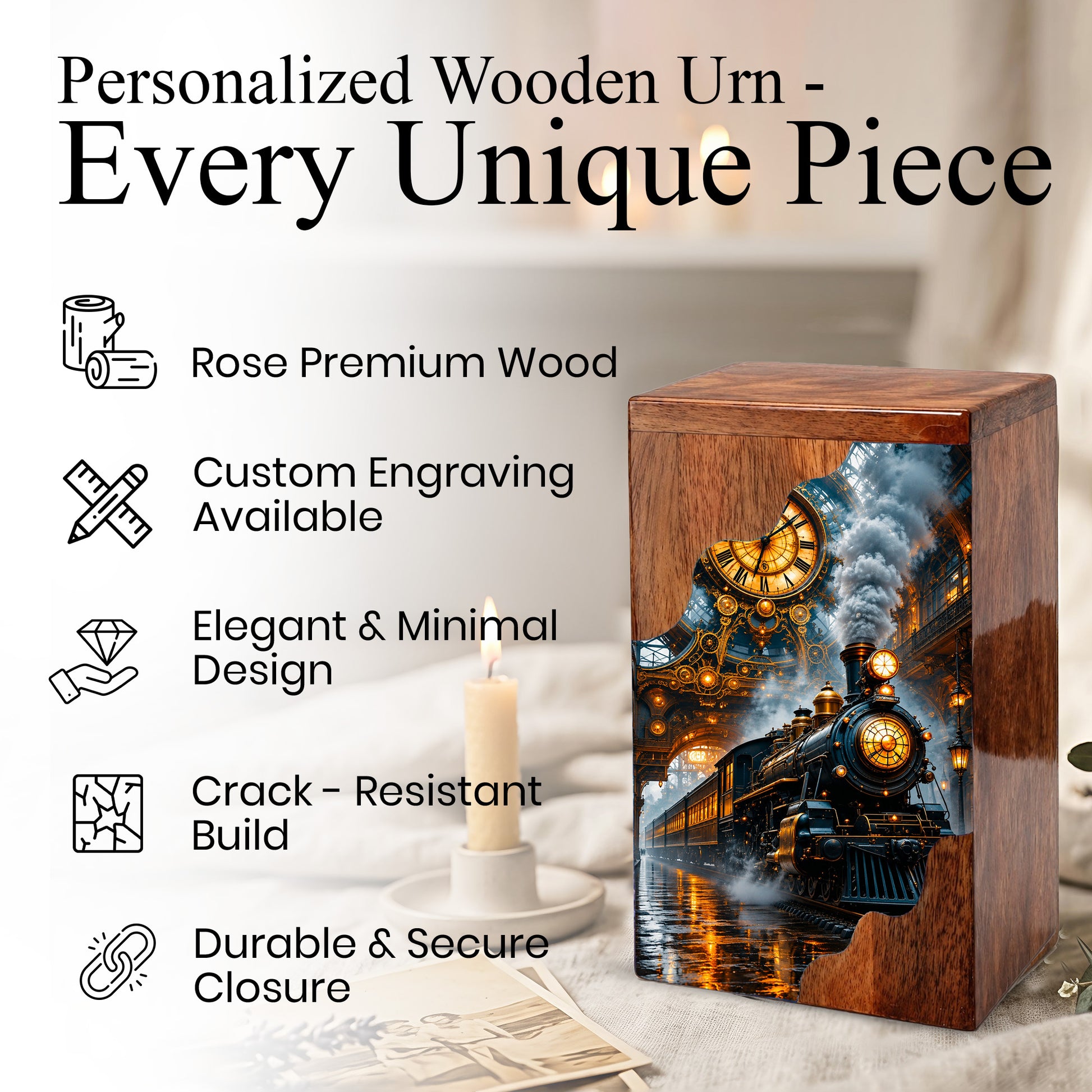 Steam Train Wooden Cremation Urn – Wooden Urn for Human Ashes