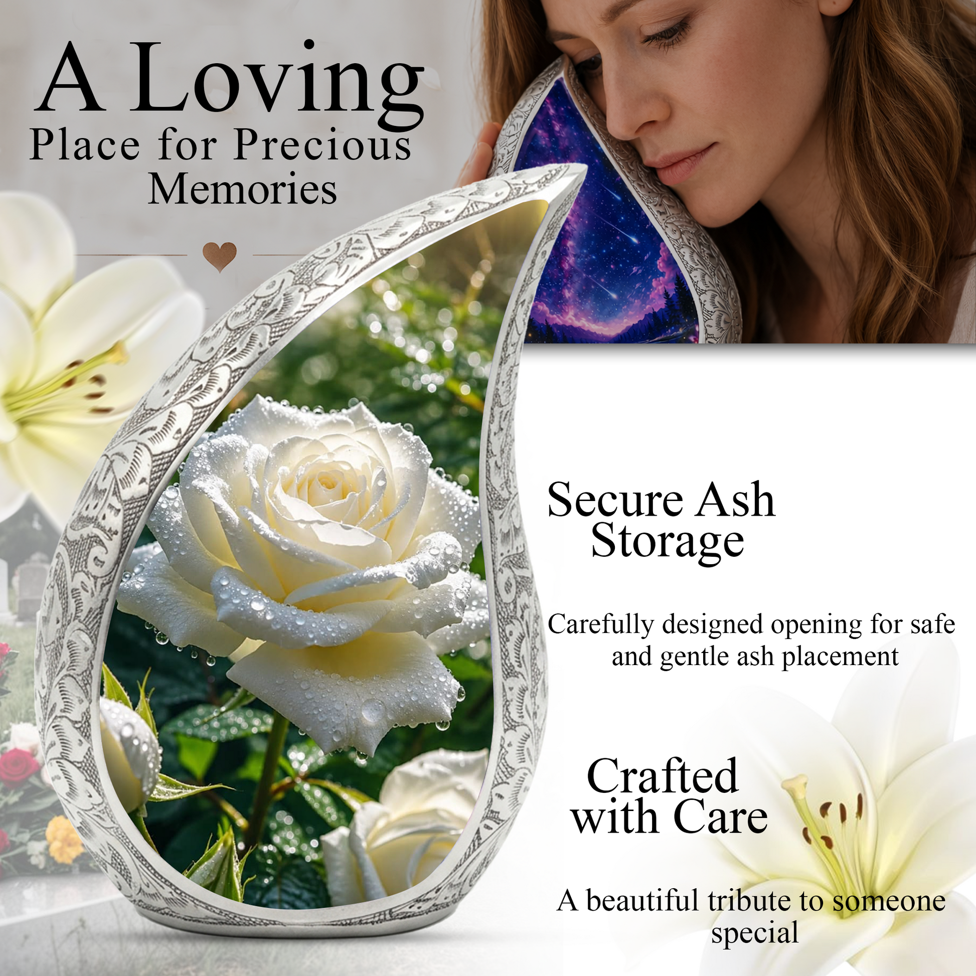 White Rose Urn for Mom, Beautiful Urns for Women