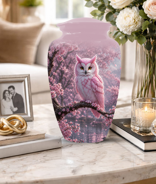 Pink Owl Cremation Urn for Mom, Cherry Blossom Memorial Urns for Ashes