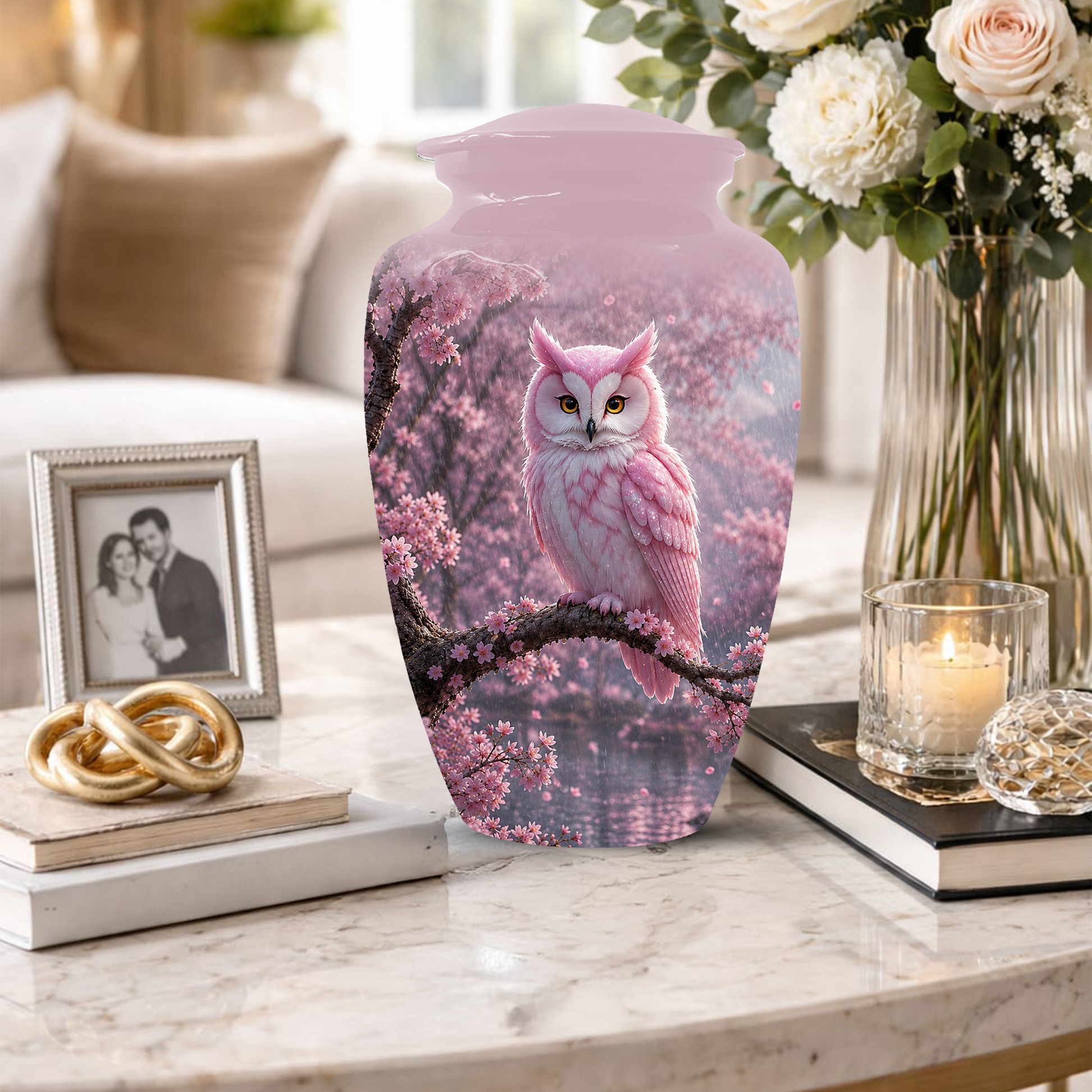 Pink Owl Cremation Urn for Mom, Cherry Blossom Memorial Urns for Ashes