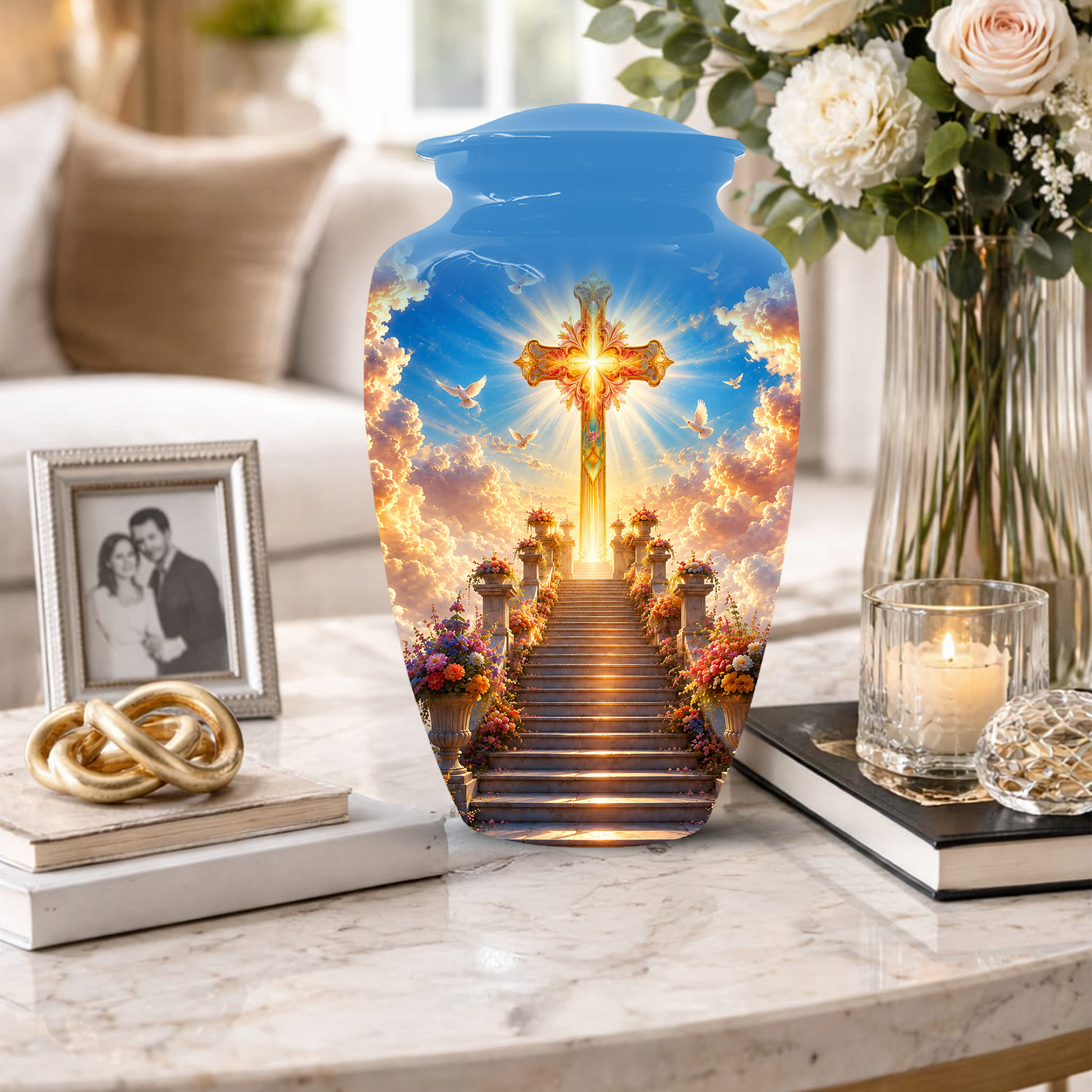 Christian Cross Cremation Urn for Ashes - Heavenly Stairway Memorial Urns